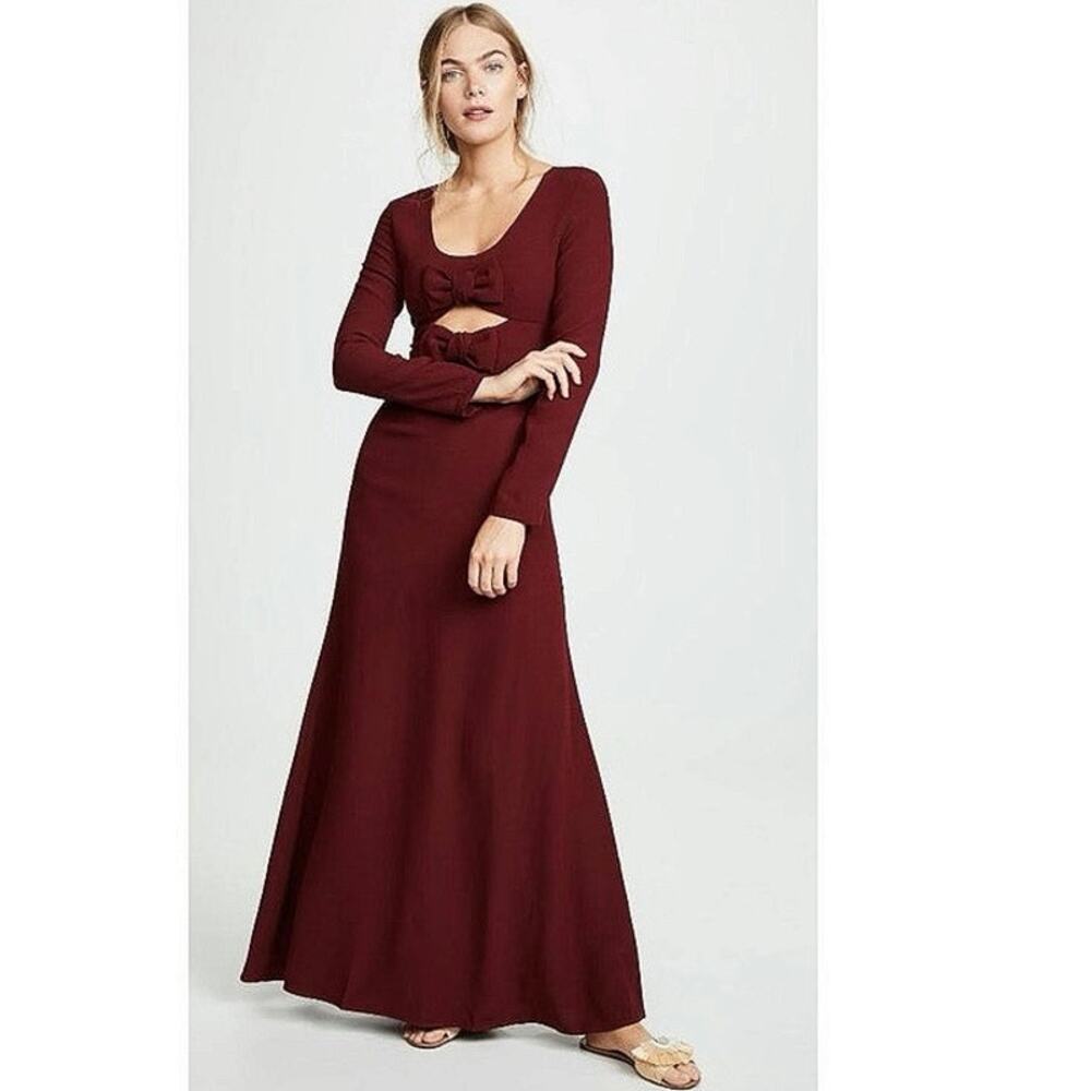 Staud Lido Womens Red Double Bow Cut Out Long Sleeve Maxi A-Line Gown Dress Sz 8 - Picture 2 of 11